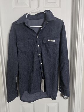 Corduroy Button-Up Shirt Jacket And Skirt in Slate Blue Size M